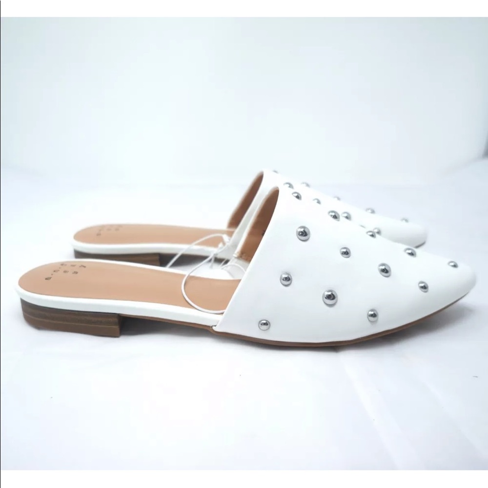 Studded Mule Flats Pointed Toe White Vegan Leather